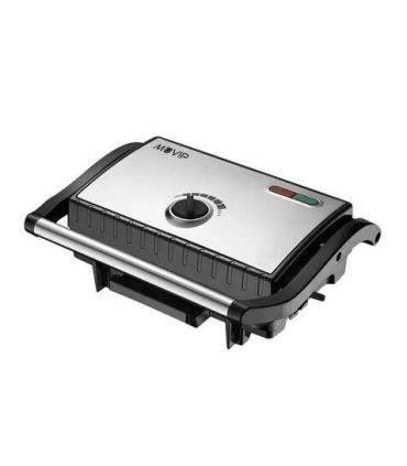 Muvip Sandwichera Inox Placa Lisa 1500W - Temperatura Regulable - Placa Superior Basculante - Presion Uniforme - Asa Tacto Frio