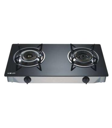 Muvip Cocina de Gas Inox 2 Fuegos - Cristal Templado - Encendido Piezoelectrico - Quemador de Hierro Fundido Desmontable