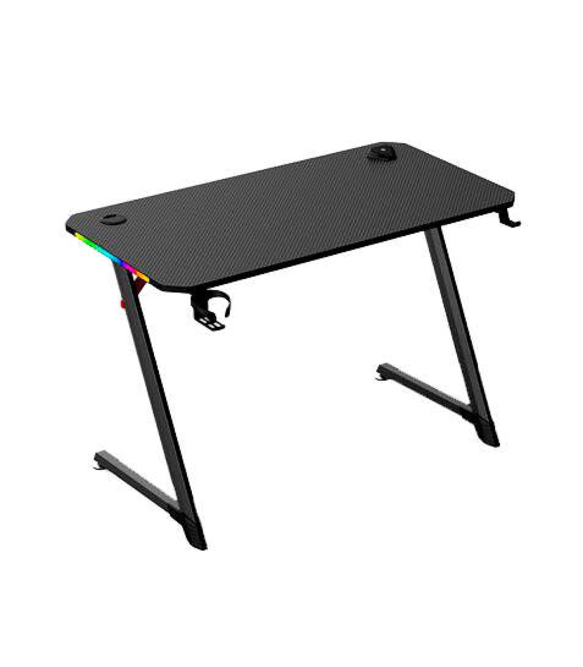 Muvip Mesa Gaming PRO1700 con Laminado de Fibra Carbono - Luz RGB - Portavasos y Gancho para Auriculares