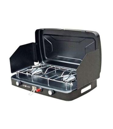 Muvip Cocina de Gas 2 Fuegos + Protectores Contra Viento - Protectores contra el Viento - Base Antideslizante - Color Negro