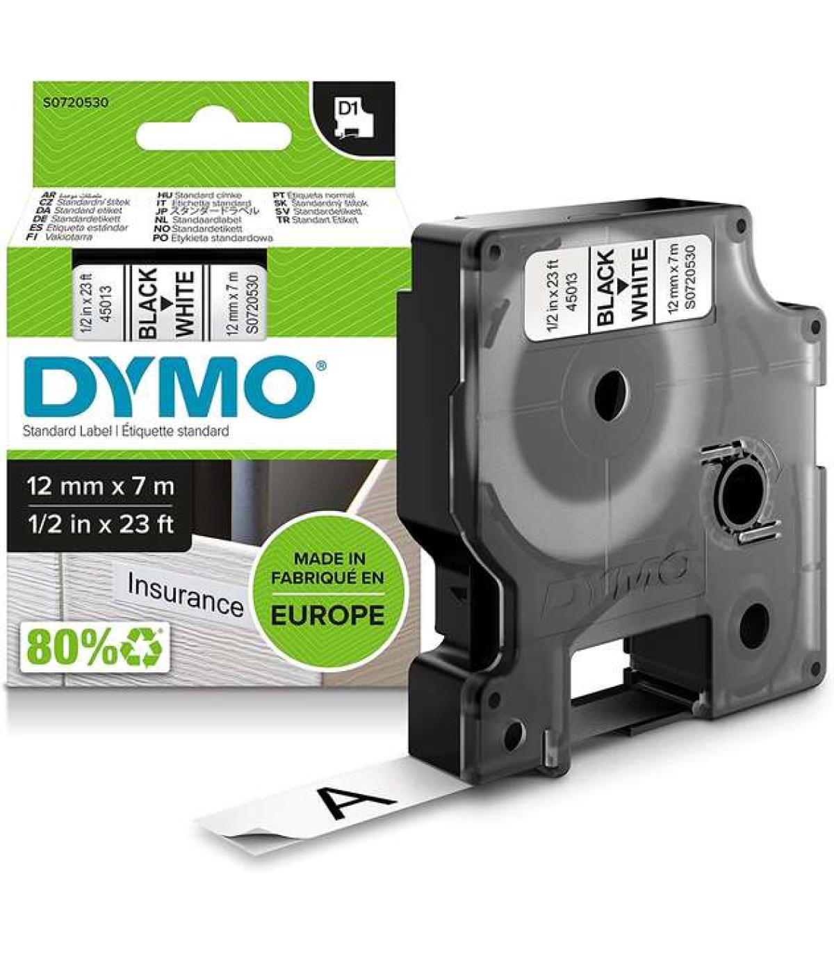 Dymo D1 45013 Cinta de Etiquetas Original para Rotuladora - Texto negro sobre fondo blanco - Ancho 12mm x 7 metros - S0720530
