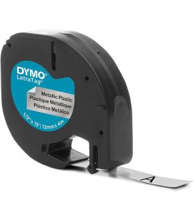 Dymo LetraTag S0721730 Cinta de Etiquetas Original para Rotuladora - Texto negro sobre fondo metalico - Ancho 12mm x 4 metros (9