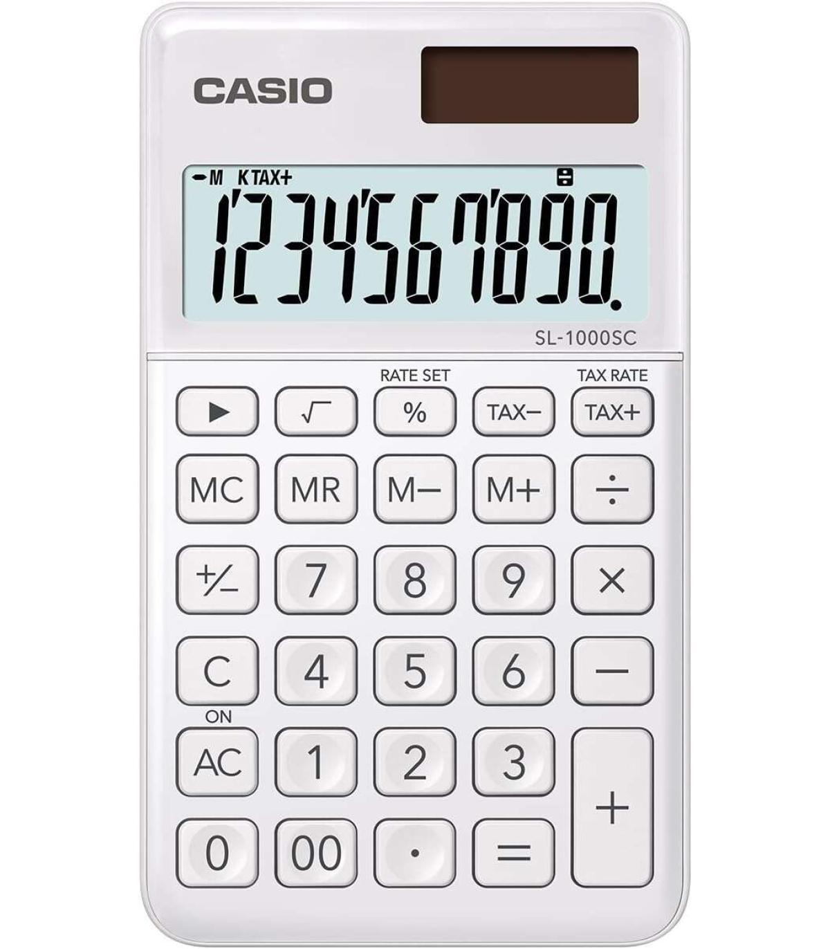 Casio SL-1000SC Calculadora de Bolsillo - Pantalla Extragrande de 10 Digitos - Alimentacion Solar y Pilas - Color Blanco