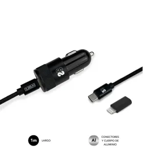 Subblim Cargador Coche Dual PD20W+QC3.0+C to C/Lightning cable - Carga Rápida - 2 Puertos USB C + USB A - Cable USB C reversible