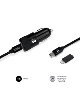 Subblim Cargador Coche Dual PD20W+QC3.0+C to C/Lightning cable - Carga Rápida - 2 Puertos USB C + USB A - Cable USB C reversible