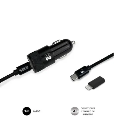 Subblim Cargador Coche Dual PD20W+QC3.0+C to C/Lightning cable - Carga Rápida - 2 Puertos USB C + USB A - Cable USB C reversible