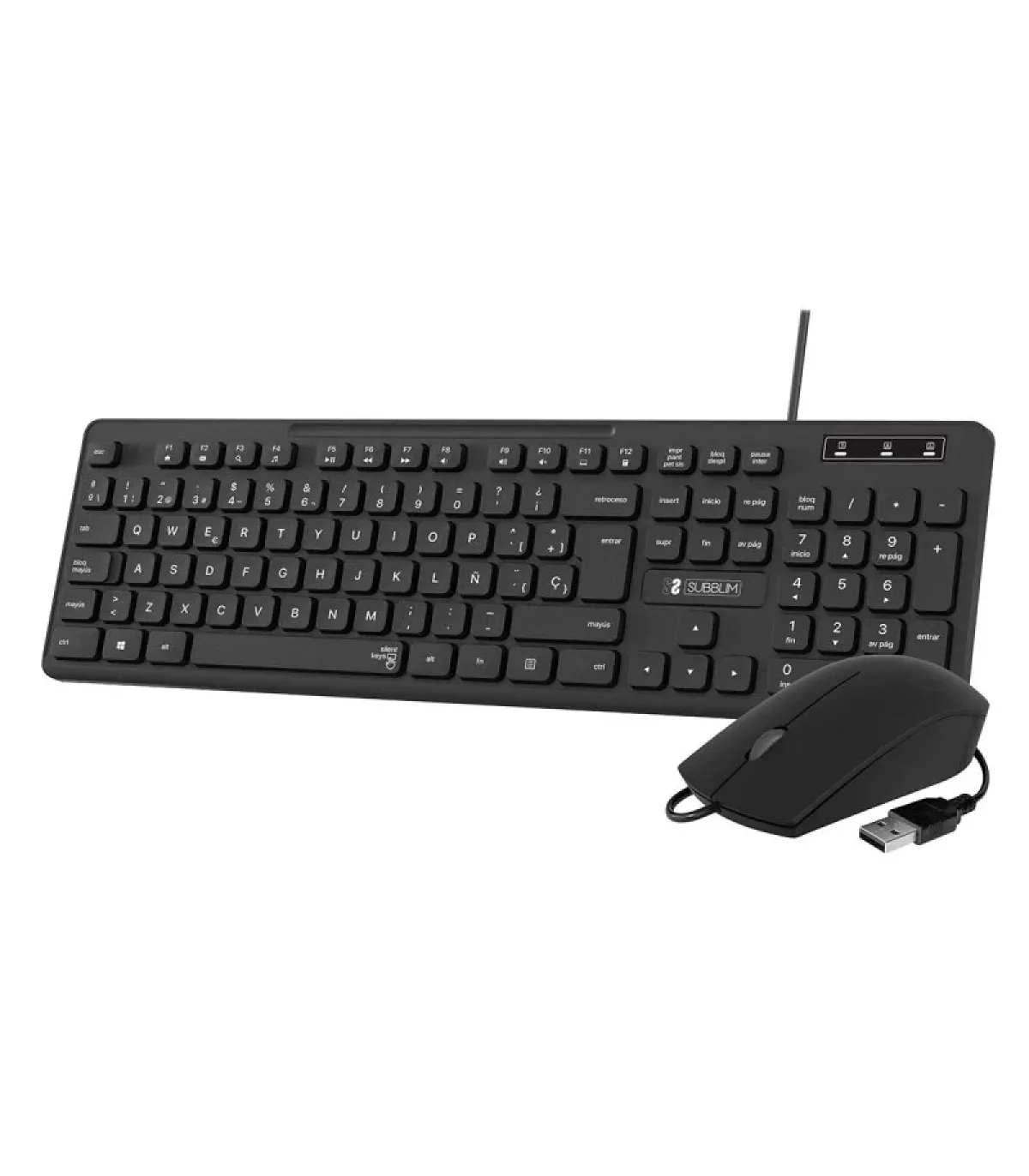 Subblim Combo Business Slim Silencioso con Cable USB - Teclado y Raton - Teclas Ergonomicas de Bajo Perfil - Resistente a Derram