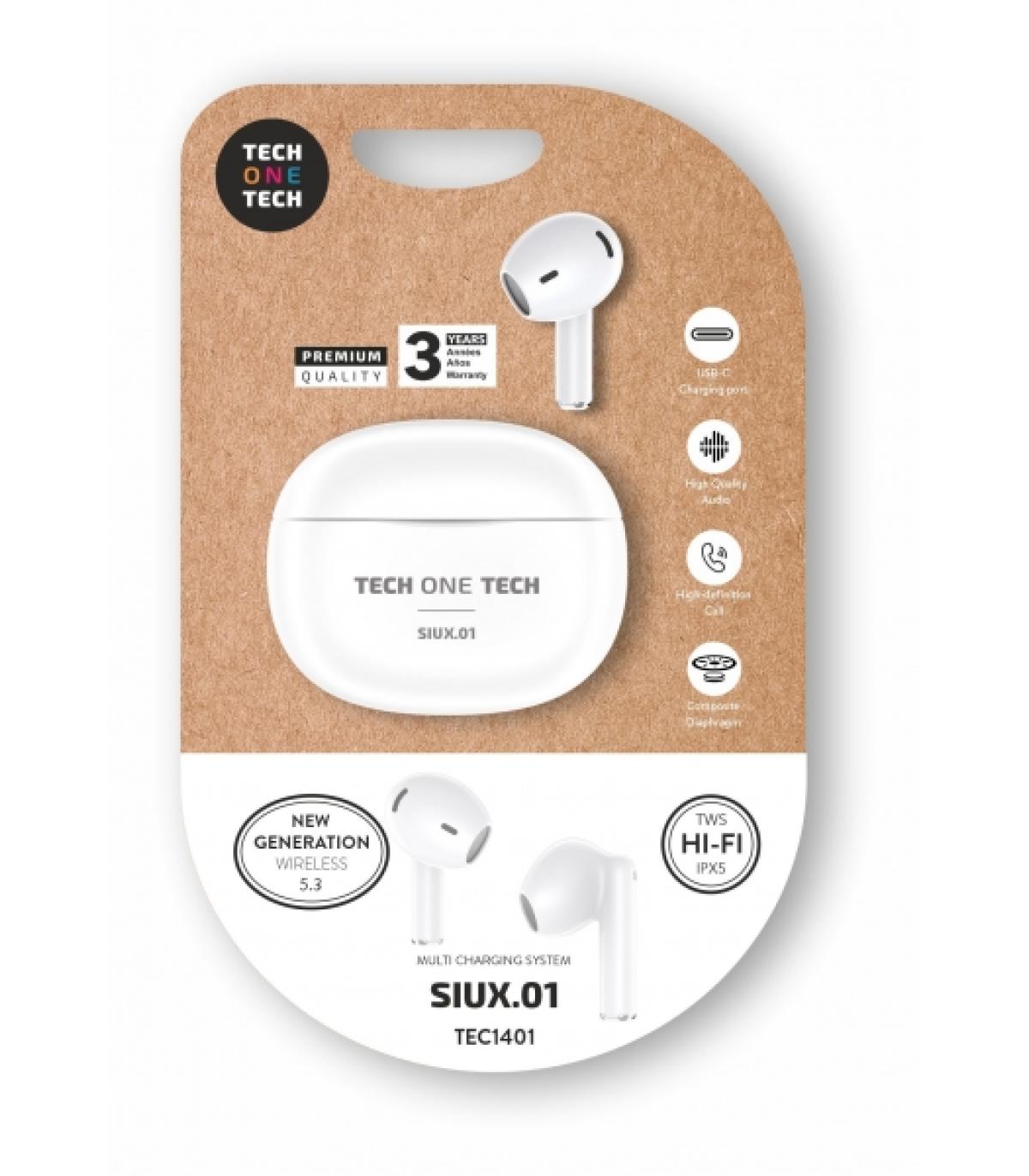 TechOneTech Auriculares Inalambricos Bluetooth - Hasta 20h de Reproduccion - IPX5 - Color Blanco