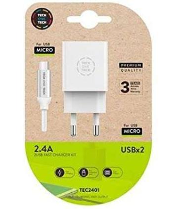 TechOneTech Cargador Doble de Pared + Cable USB-A a Micro-USB 2.4 1m - Recubierto de Nylon Trenzado