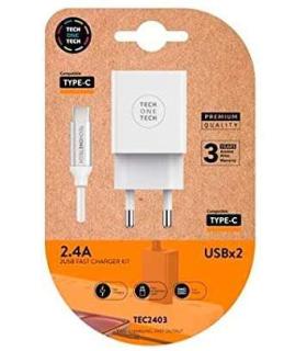 TechOneTech Cargador Doble de Pared + Cable USB-A a USB-C 1m - Recubierto de Nylon Trenzado