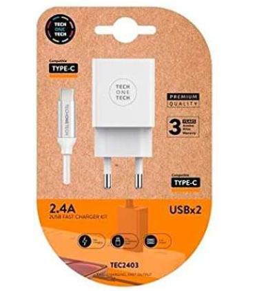 TechOneTech Cargador Doble de Pared + Cable USB-A a USB-C 1m - Recubierto de Nylon Trenzado
