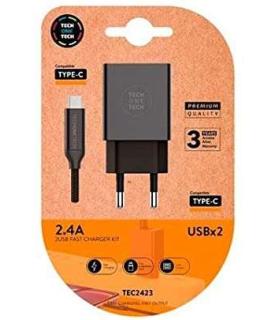 TechOneTech Cargador Doble de Pared + Cable USB-A a USB-C 1m - Recubierto de Nylon Trenzado