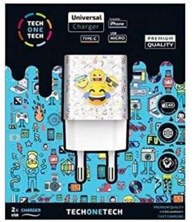 TechOneTech Emojitech Smile Cargador Doble de Pared USB-A - Alto Rendimiento
