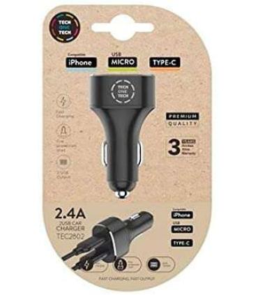 TechOneTech Cargador Doble de Coche USB-A - Alto Rendimiento
