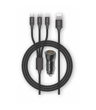 TechOneTech Cargador de Coche 2x USB-A + Cable 3 en 1 MicroUSB, Lightning y USB-C - Color Negro