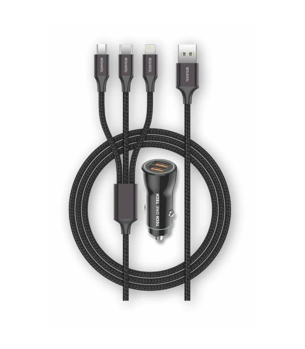 TechOneTech Cargador de Coche 2x USB-A + Cable 3 en 1 MicroUSB, Lightning y USB-C - Color Negro