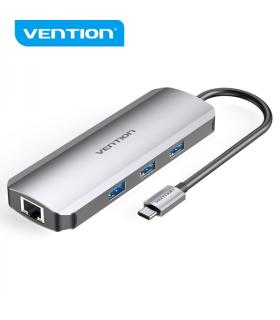 Vention Docking Station 8 en 1 USB-C a HDMI 4K/3xUSB 3.0/Lector SD/MicroSD/RJ45/PD 100W - 0.15m - Color Gris