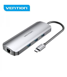 Vention Docking Station 9 en 1 USB-C a HDMI 4K/3xUSB3.0/RJ45/Lector SD/MicroSD/Jack Audio/PD100W - 0.15m - Color Gris