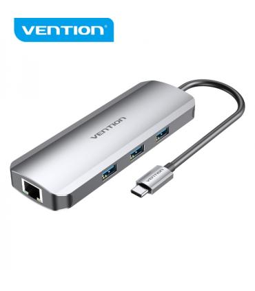 Vention Docking Station 9 en 1 USB-C a HDMI 4K/3xUSB3.0/RJ45/Lector SD/MicroSD/Jack Audio/PD100W - 0.15m - Color Gris