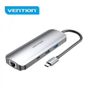 Vention Docking Station 9 en 1 USB-C a HDMI 4K/2xUSB3.0/USB-C Gen1/RJ45/Lector TF/SD/Jack Audio/PD100W - 0.15m - Color Gris