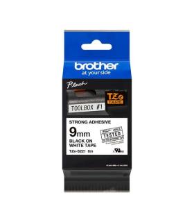 Brother TZeS221 Cinta Laminada Super Adhesiva Original de Etiquetas - Texto negro sobre fondo blanco - Ancho 9mm x 8 metros