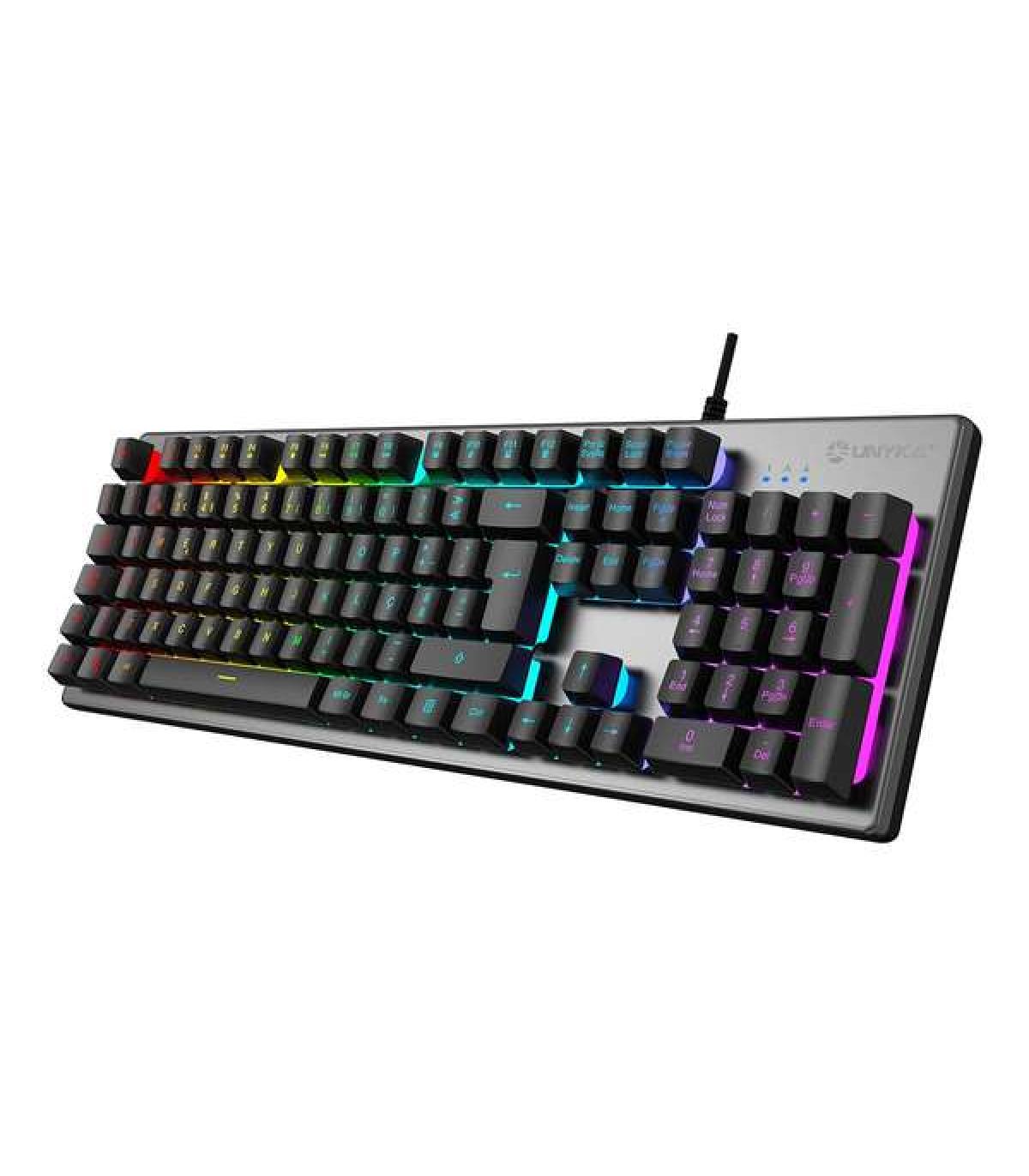 Unykach Nova K244 Teclado Gaming USB (Portugues) - Iluminacion RGB Ajustable - 105 Teclas - Cable de 1.60m - Color Gris/Negro