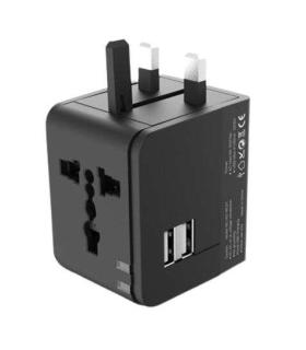 XO Adaptador de Viaje Universal - Voltaje 110V-240V - 2 Puertos USB 2.1Amp - Conexiones para UK, EU, AU, US - Color Negro