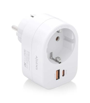Aisens Regleta de Pared Multifuncion con 1 Toma + 1xUSB-C 20W PD3.0 - 1xUSB-A 20W QC3.0 - Color Blanco