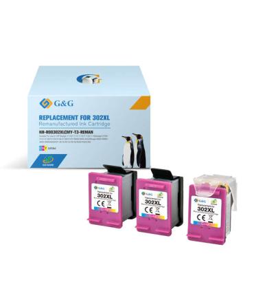 G&G HP 302XL Color Pack de 3 Cartuchos de Tinta Remanufacturados - Eco Saver - Muestra Nivel de Tinta - Reemplaza F6U67AE/F6U65A