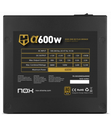 NOX Hummer Alpha unidad de fuente de alimentación 600 W 24-pin ATX ATX Negro