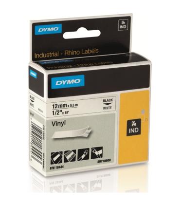 Dymo 18444 Rhino Industrial Cinta Vinilo Original para Rotuladora - Texto Negro sobre Fondo Blanco - Ancho 12mm x 5.5 metros ..