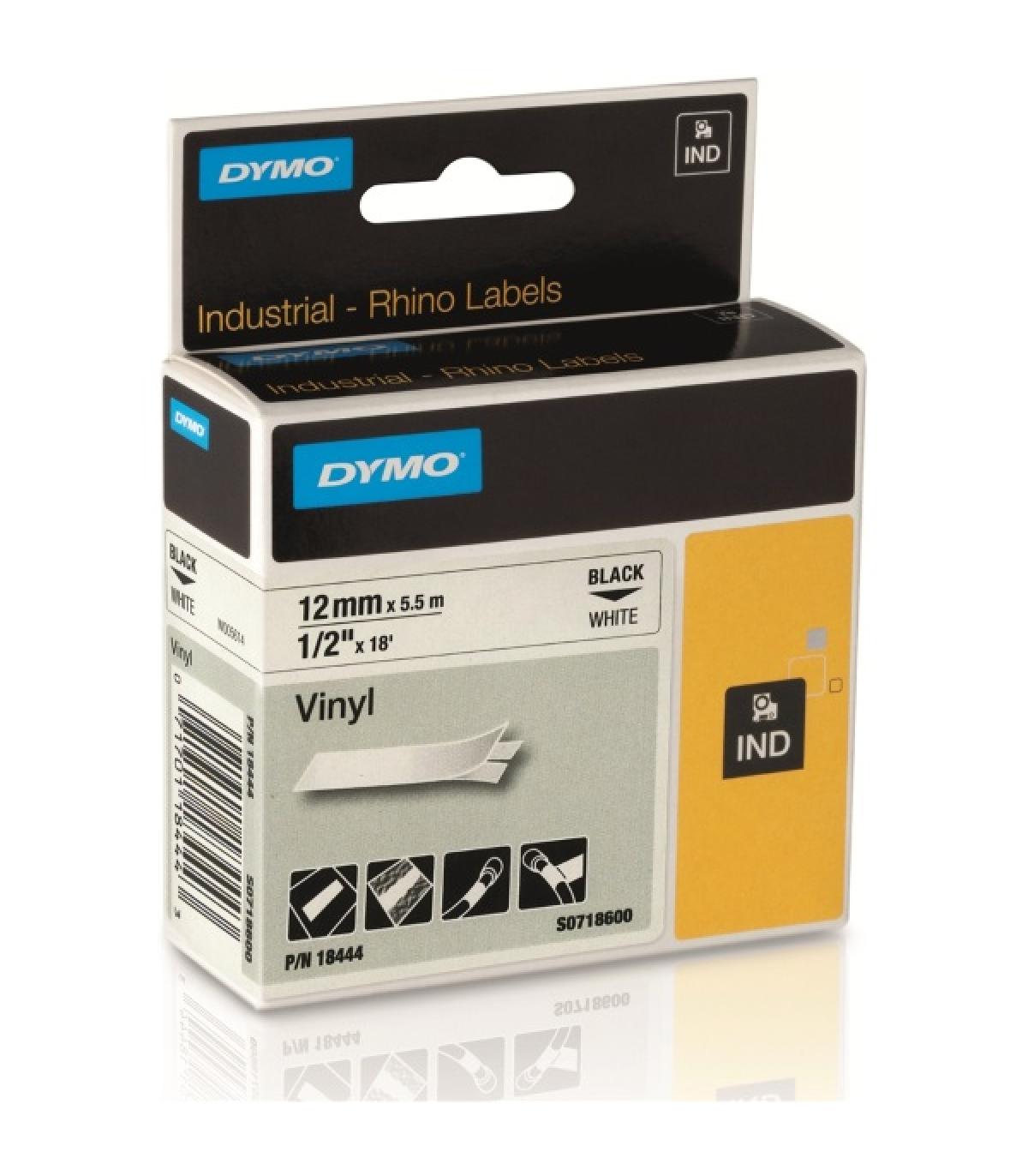 Dymo 18444 Rhino Industrial Cinta Vinilo Original para Rotuladora - Texto Negro sobre Fondo Blanco - Ancho 12mm x 5.5 metros ..