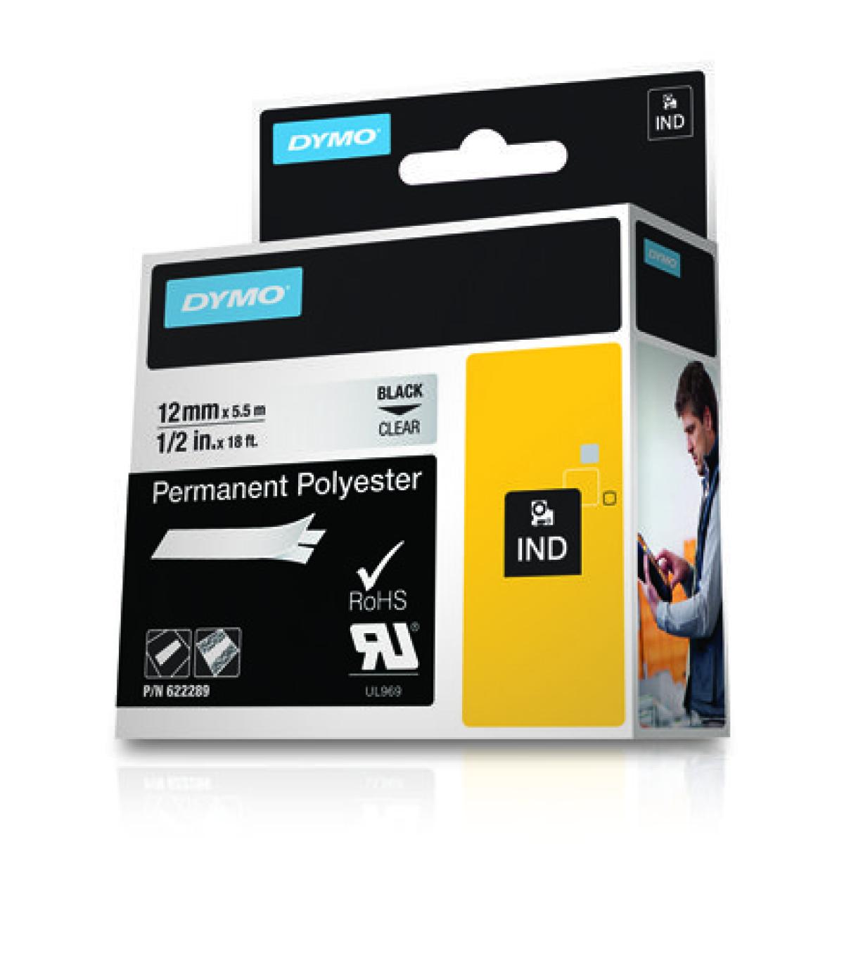 Dymo Rhino ID1-12 Cinta de Etiquetas Original para Rotuladora - Texto Negro sobre Fondo Transparente - Ancho 12mm x 5.5 metros..