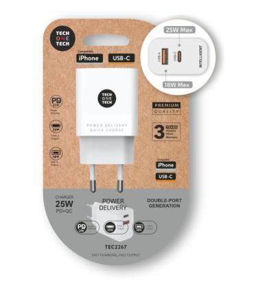 TechOneTech Cargador de Pared PD + QC 25W 1 Puerto USB-C 3A + 1 Puerto USB-A