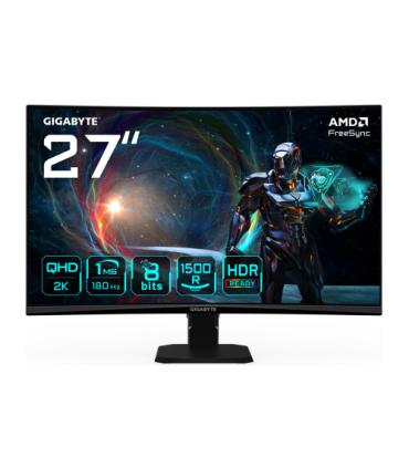 GIGABYTE GS27QCA 27" Monitor Curvo para Gaming QHD - 2560 x 1440, 180Hz, 1ms, 250 cd/m², FreeSync, HDR Ready, HDMI 2.0, DisplayP