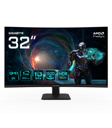 GIGABYTE GS32QCA 31.5" Monitor Curvo para Gaming QHD - 2560 x 1440, 180Hz, 1ms, 250 cd/m², FreeSync, HDR Ready, HDMI 2.0, Displa