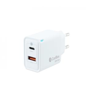 Coolbox Cargador de Pared 30W QC3.0 + PD - USB-A + USB-C - Carga Rapida - Tecnología GaN - Color Blanco