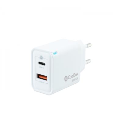 Coolbox Cargador de Pared 30W QC3.0 + PD - USB-A + USB-C - Carga Rapida - Tecnología GaN - Color Blanco