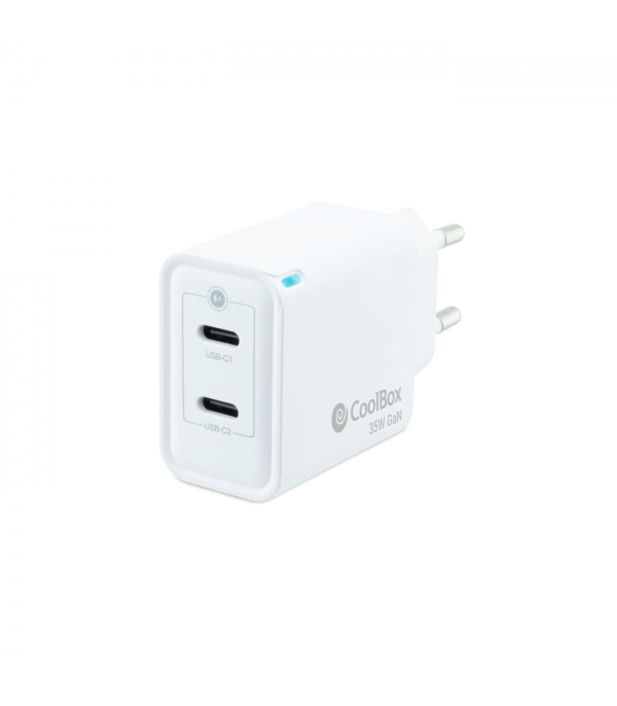 Coolbox Cargador de Pared 35W QC3.0 + PD - 2xUSB-C - Carga Rapida - Tecnología GaN - Color Blanco