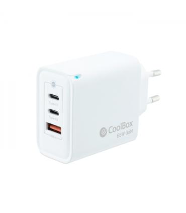 Coolbox Cargador de Pared 65W QC3.0 + PD - USB-A + 2xUSB-C - Carga Rapida - Tecnología GaN - Color Blanco