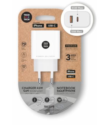 TechOneTech Cargador de Pared PD 65W con 1 Puerto USB-C + 1 Puerto USB-A