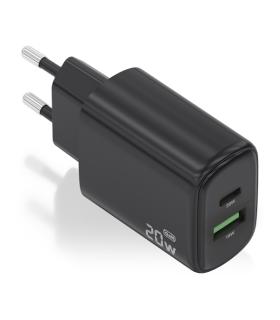 Aisens Cargador GaN 20W - 1xUSB-C PD3.0 - 1xUSB-A QC3.0 - Color Negro