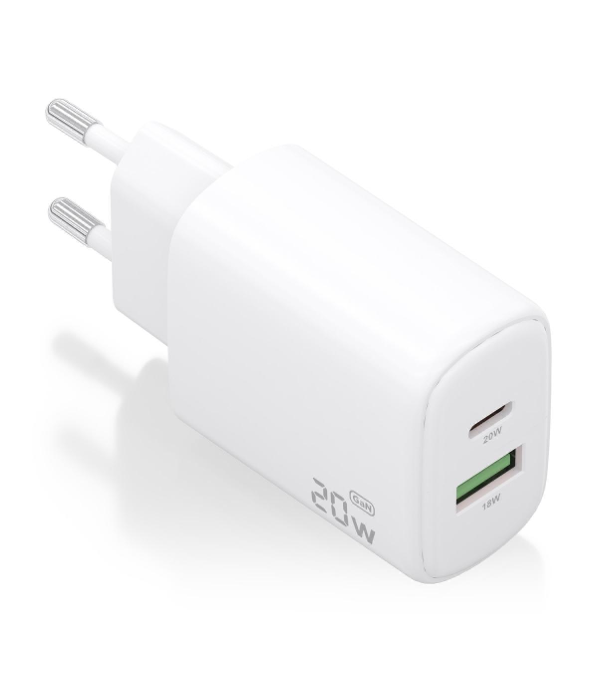 Aisens Cargador GaN 20W - 1xUSB-C PD3.0 - 1xUSB-A QC3.0 - Color Blanco