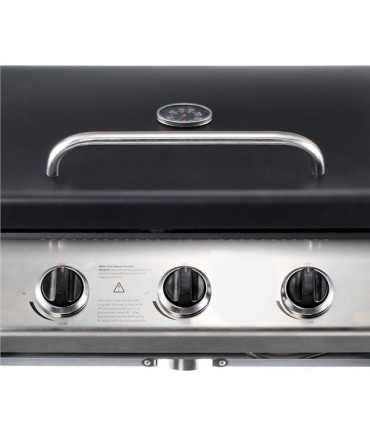 Muvip Barbacoa Gas 3 Fuegos - 1209x586x1076mm - Rejillas esmaltadas, bandejas laterales, termometro en tapa - Color Negro