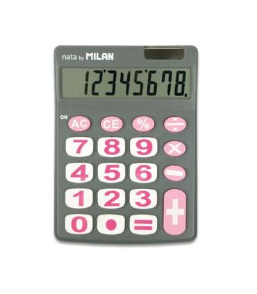 Milan Calculadora de Sobremesa 8 Digitos - Teclas Grandes - Apagado Automatico - Color Gris y Rosa