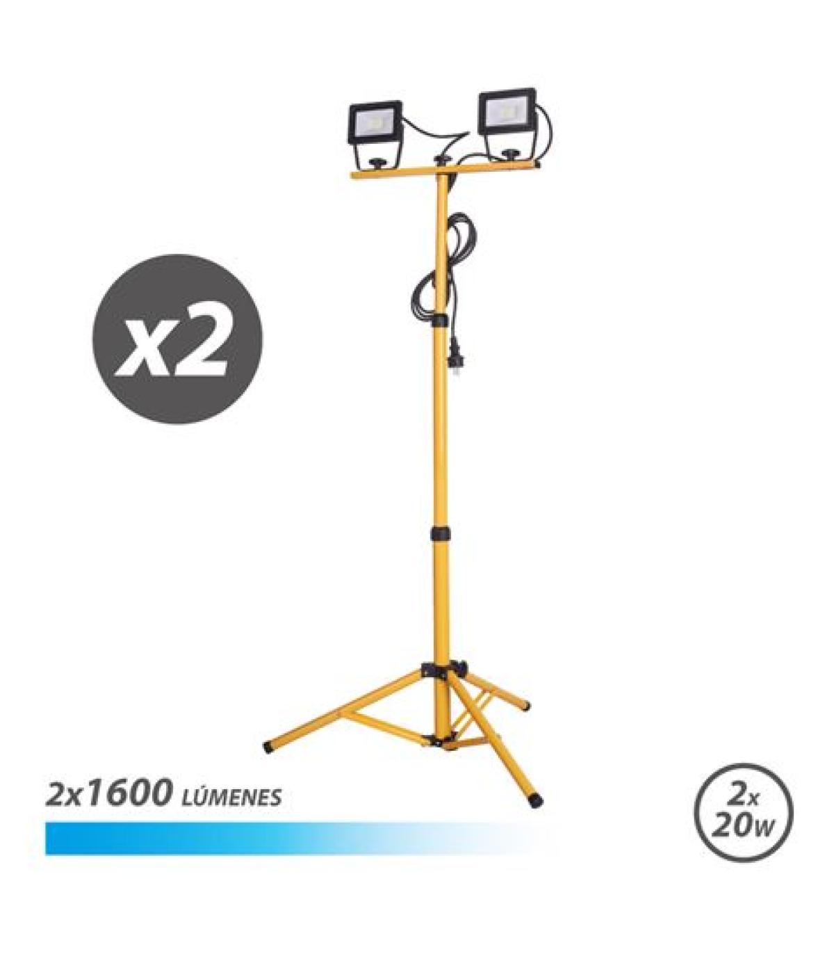 Elbat Foco LED con Tripode 2 x 20W - 1600 Lumenes - 6500K Luz Fria - Cable de 3m - IP65 para Uso en Exterior