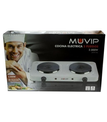 Muvip Cocina Electrica de 2 Placas 2000W - 5 Niveles de Potencia - Termostato con Sistema de Seguridad
