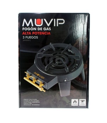 Muvip Fogon de Gas con 3 Distribuidores de Fuego - Llaves de Gas Independientes - 9kw de Potencia - Material: Hierro Fundido