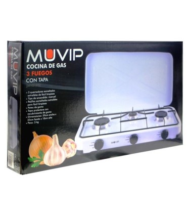 Muvip Cocina de Gas 3 Fuegos - Encendido Manual - Rejillas Extraibles - Tapa Protectora