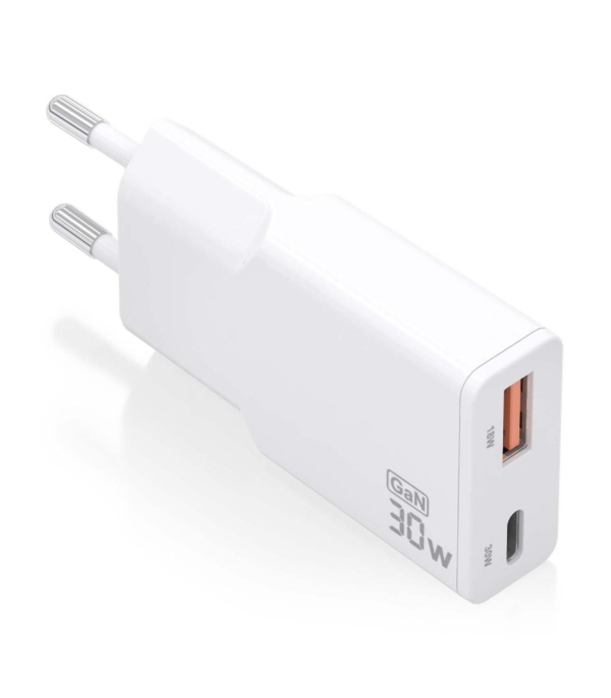 Aisens Cargador GaN Ultra Delgado 30W - 1xUSB-C PD3.0 QC4.0 - 1xUSB-A QC3.0 - Color Blanco